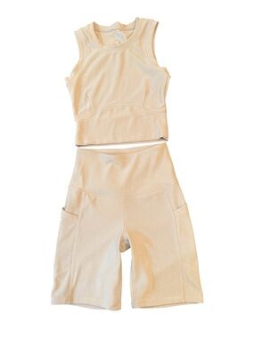 Beige Ribbed Tank and Bike Short Set - Women